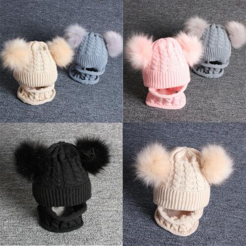 2019 Baby Winter Warm Accessories Infant Baby Girl Boy Knitted Bobble Hat Double Pom Pom Crochet Stretchy Hat 2Pcs Set 1-4T