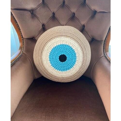 Evil Eye Bead Motif with Double Sided Handmade Crochet Bead Fiber Filled Design Decorative Pillow Cushion Cushion