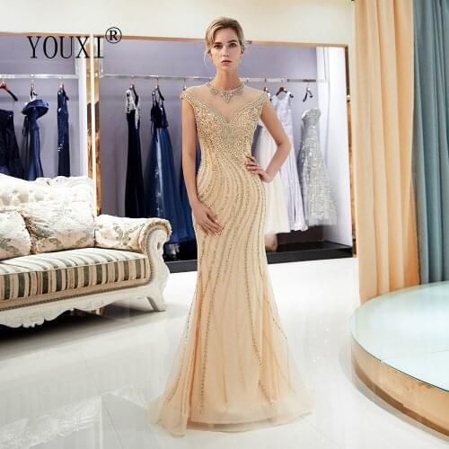 Gold Evening Dresses Long Mermaid 2020 Luxury Beaded Pearls Crystal Rhinestone Sexy Sheer Illusion Formal Gown Abendkleider