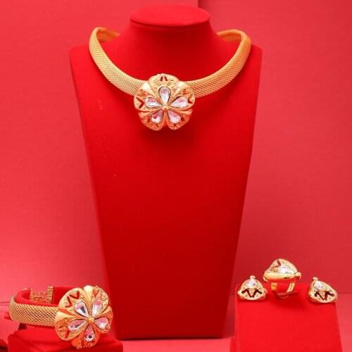 24K Dubai Gold Color Jewelry Sets For Women African India Party Wedding Necklace Pendant Earrings Jewellery Set Engagement Gifts