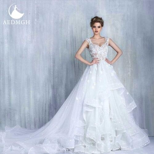 Aedmgh Ball Gown Princess Wedding Dresses 2021 Scalloped Cap Sleeve Ruffles Bride Dress Lace Appliques Court Train Bridal Gown