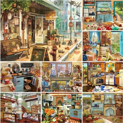 5D Full Diamond Embroidery Town Shop Drill Diamond Painting Mosaic Landscape Kitchen Picture Wall Art Decorations New Arrival