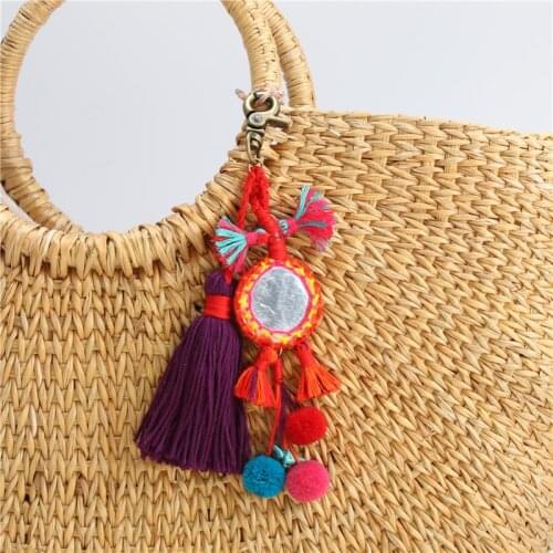 1pc Tassel Keychains Pompom Keyring With Mirror Charms For Women Bag Car Hanging Colorful Jewelry E1575