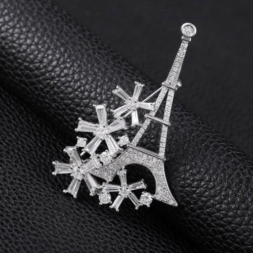 Zhijia silver color romantic tower&flower pins brooches jewelry dress party luxury rhinestone brooches accessories