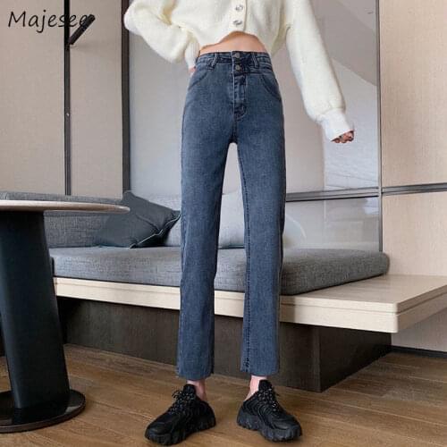 Jeans Women Pencil Skinny Students Pockets Bottoms Slim Female Streetwear High Waist Buttons Distressed Casual Stylish All-match