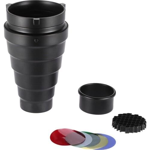 Photography Conical Snoot with Honeycomb Grid & 4 Pieces Color Gel Filters for Bowens Mount Studio Strobe Monolight Flash Light