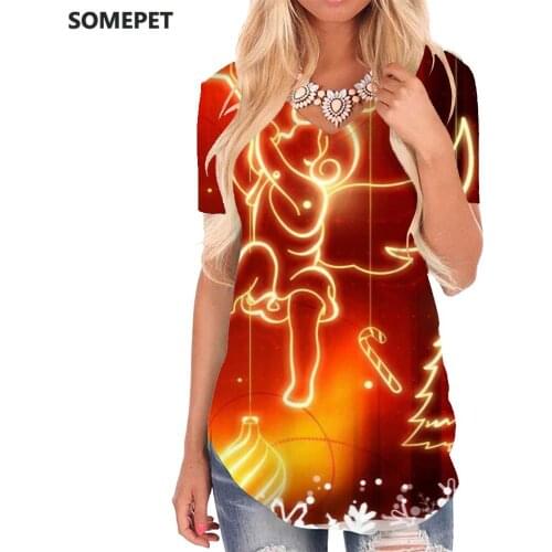 SOMEPET Christmas T Shirt Women New Year Funny T shirts Pattern Tshirts Printed Party V-neck Tshirt Womens Clothing Hip hop