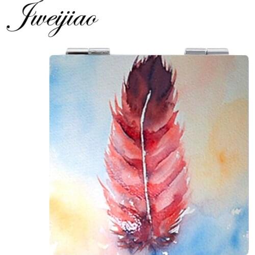 Youhaken Colourful Painting Feather Printed Square Leather Pocket Mirror Mini Folding 1X/2X Magnifying Compact Makeup Mirror