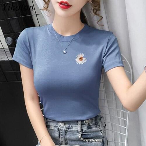 Summer Womens Top T-Shirts O-neck T Shirt Women Short Sleeve Casual Tshirts Embroidery Basic T-Shirt Female Cotton Tee Shirt
