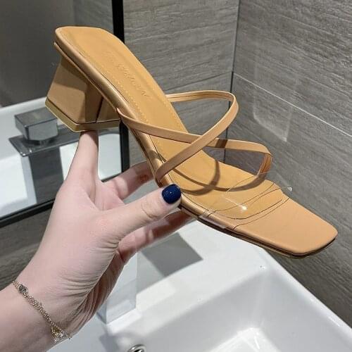 Summer Women Shoes Fashion Thick Heel PVC Slippers Women Crossed Ribbon Hollow High Heels Square Toe Slides Elegant Party Shoes