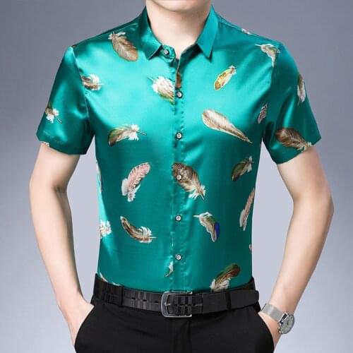 Hot Sale Male Fashion Printing Silk Clothes Summer Floral Printed Mens Satin Silk Shirt Short Sleeve Dress Shirt