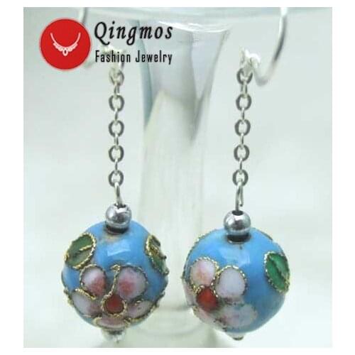 Qingmos Trendy Cloisonne Women Earrings with 12mm Round Sky-Blue Cloisonne & White Flower Dangle 2" Earring Fine Jewelry -ear211