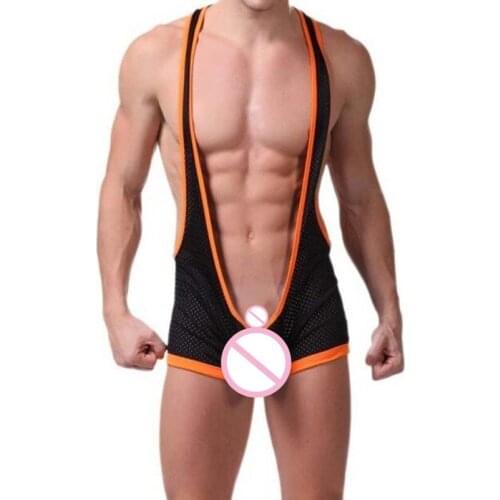 Mens Mesh Bodysuits Wrestling Singlet Leotard Jumpsuits Suspender Undershirts Sleepwear One-Piece Bodysuit