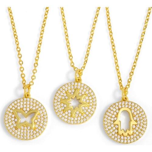 FLOLA Gold Plated Butterfly Necklace For Women CZ Round Fatima Hand Pendant Necklace Cubic Zirconia Wholesale Jewelry nkeu94
