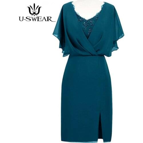 Mother of The Bride Dresses V-Neck Short Sleeves Knee Length Wedding Party Dress Mother of The Groom Gown Vestido Mae Da Noiva