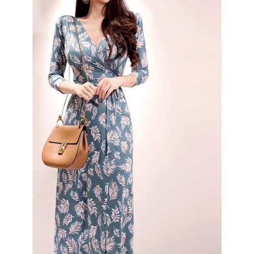 Fashion women elegant comfortable v-neck formal dress new arrival vintage casual party simple fresh print beach a-line dress