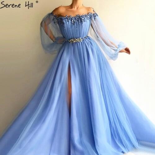 Blue A-Line Long Sleeves Sexy Evening Dresses 2020 Tulle O-Nekc Crystal Pearls Prom Dress Party Gown Serene Hill BLA70636