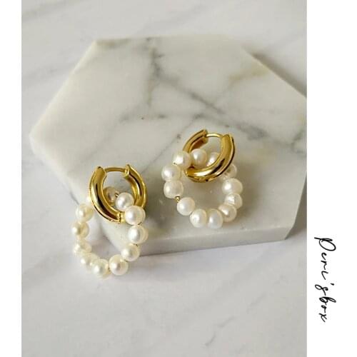 PerisBox Double Circle Genuine Freshwater Pearl Hoop Earrings Layering Small Pearl Earring Hoops Dainty Boho Earrings for Women