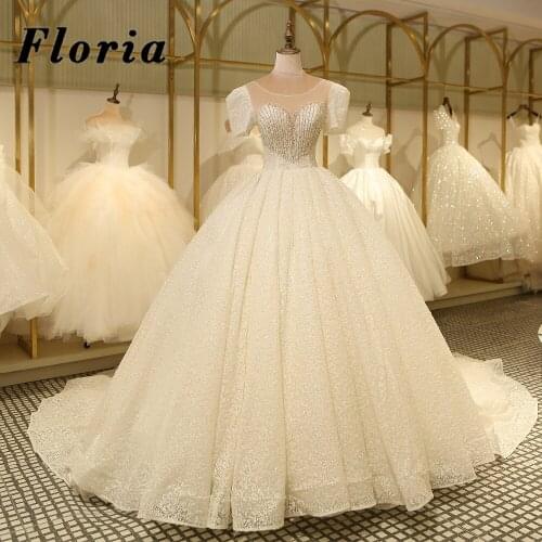 Handmade Beading Wedding Dresses Puffy Capped Sleeve Aibye Bride Dress Dubai Arabic Bridal Gowns 2021 Plus Size Robe De Marriage