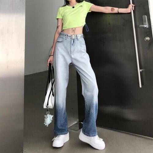 Vintage Gradient Jeans Womens 2020 New Loose Slim High Waist Straight Pants Bf Style Denim Pants Casual Gradient Trousers Feme