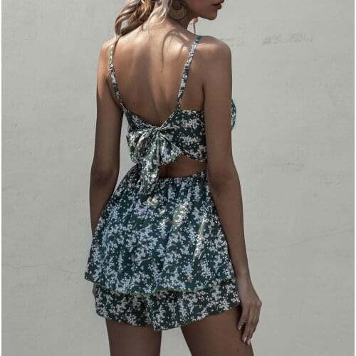 Summer Playsuits Women Boho Beach Spaghetti Ruffles Overalls Floral Print Backless Tie Shorts Jumpsuit Sexy Romper Ladies Outfit