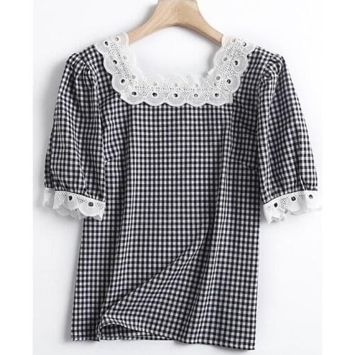JC·KILIG 2021 Square Neck Lace Stitching Black and White Plaid Thin Top SC672