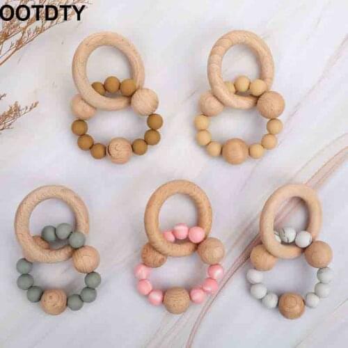 Baby Teether Baby Gym Rattle Toy Natural Wood & BPA-Free Silicone Beads Teething Ring Chew Toy (have certificate)