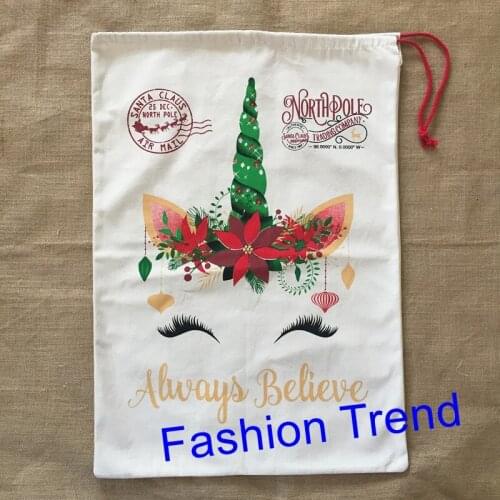 10pcs/lot Unicorn Always Believe 2018 new arrival santa sack large santa gift bags hot selling top quality monogram Christmas