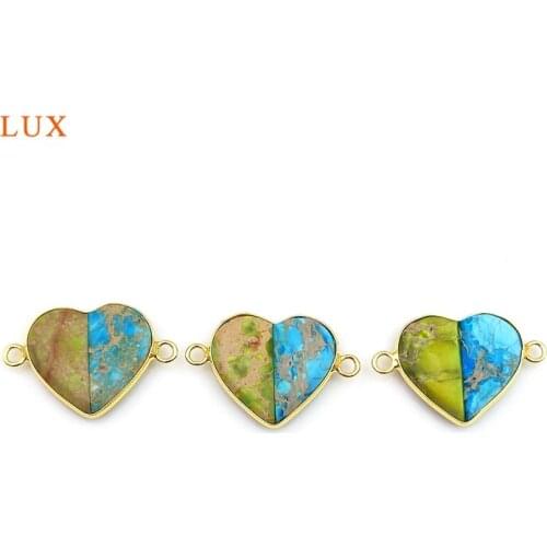 2pcs Natural Prairie Green Emperor Stone Heart Shaped Pendants Two Hole Connector Charm Woman Jewelry Making Necklace Bracelet