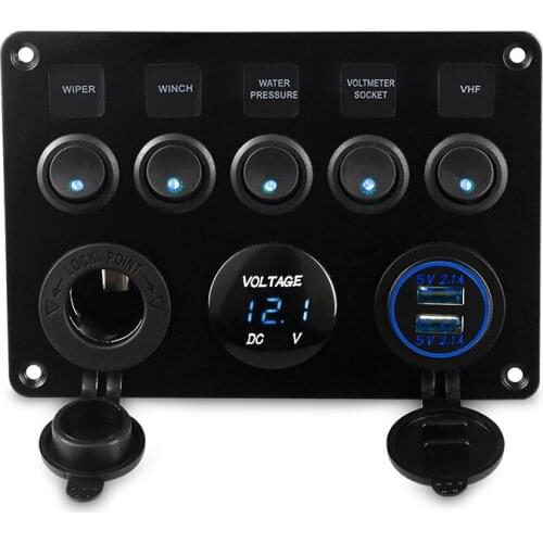 5 Gang ON-OFF Toggle Car Switch Panel Dual USB Socket Charger 4.2A LED Voltmeter 12V Power Outlet for Car Boat Truck Camper
