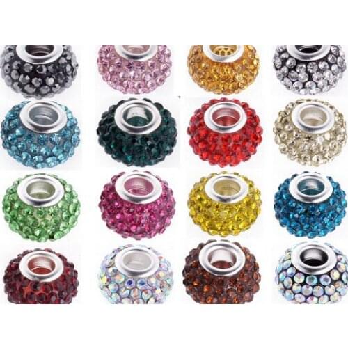 Best Mix 20 Color 14MM 100Pcs/lot Resin Rhinestone Silver Plated Core Big Hole Crystal European Beads Fit Charm Bracelets gf32