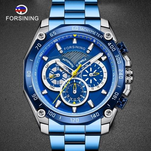 Forsining Blue Dial Calendar Stainless Steel Men Mechanical Automatic Wrist Watches Top Brand Luxury Military Sport Male Clock