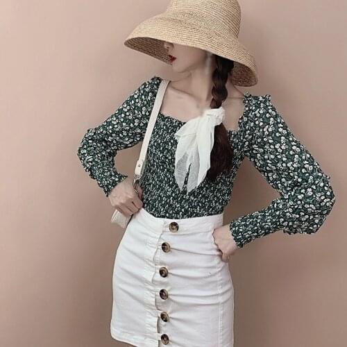 Womens Floral Square Collar Blouses Vintage Sexy Sweet Exposed Navel Long Sleeve Chiffon Shirt