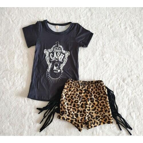Boutique kids fashion outfit baby girl black shirt match shorts with tassel girls summer leopard outfit