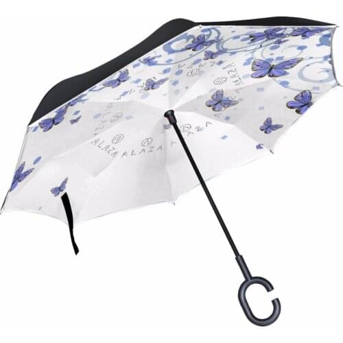Elegant Butterfly Pattern Reverse Umbrella Double Layer Long Shank Inverted Windproof Umbrella For Car With Reflective Strip