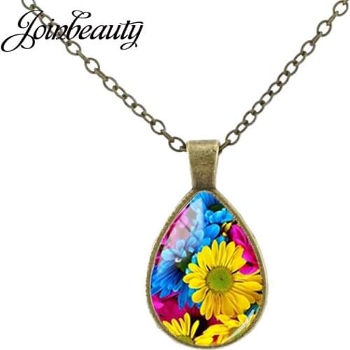 JOINBEAUTY Chrysanthemum Flower Cactus Botany Picture Teardrop Pendant Necklace Glass Cabochon Jewelry Vintage Accessories ZY291