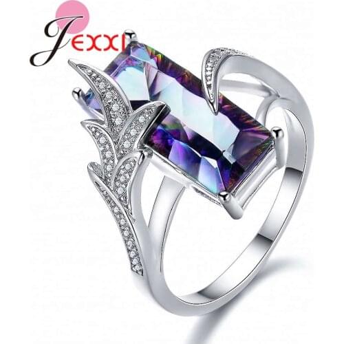 925 Sterling Silver CZ Crystal Rings Square Colourful Party Wedding Ring For Women Girls Vintage Glittering Gift Jewelry