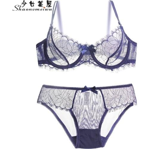 Shaonvmeiwu Ultra-thin eyelash transparent underwear set sexy temptation nightclub lace mesh see-through non-sponge bra women