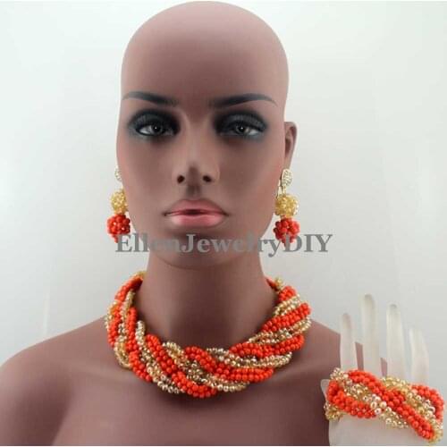 Fashion Orange Costume African Beads Jewelry Set for Nigerian wedding bridal dubai Crystal Beads women statement Necklace W13489