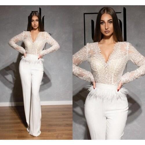 Lace Jumpsuits Prom Dresses V Neck Long Sleeve Feather Dubai Arabic Satin Celebrity Evening Gowns Pantsuits Formal Pageant Dress