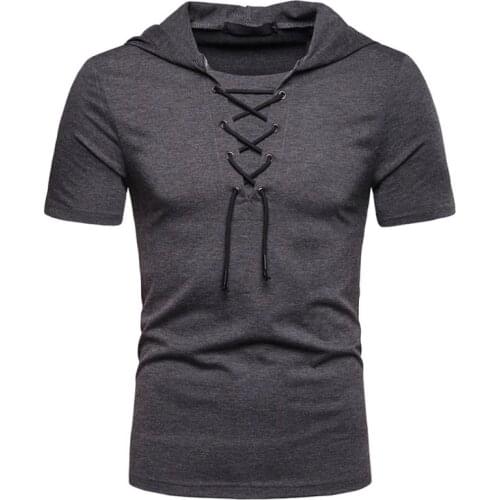 Men Summer Shirt Short Sleeve Hoodie Lace Up V Neck Outdoor Pullover Tops Summer t Shirt Sports Wear Solid Color Tshirt 2021