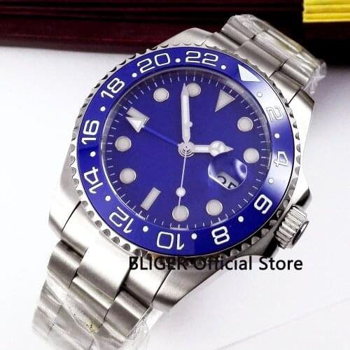 Solid BLIGER 43MM Blue Sterile Dial Ceramic Rotating Bezel GMT Function Luminous Sapphire Automatic Movement Mens Watch B323