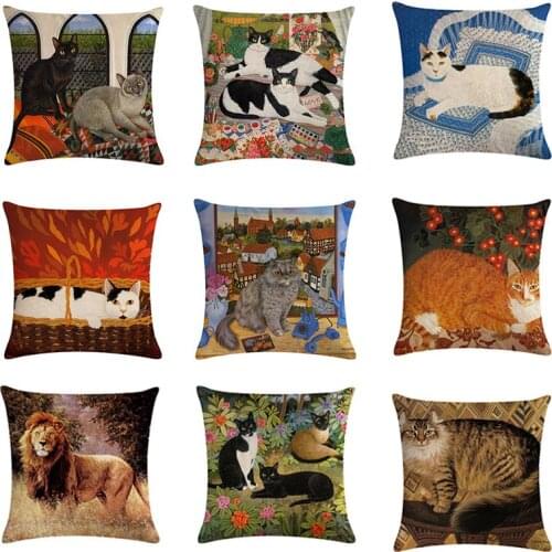 Cat Pattern Pillowcase Decorative Cotton Linen Animal Pillowcase Sofa Chair Cover Pillowcase 45*45cm Home Decoration