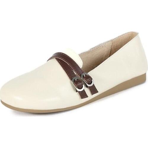 Genuine Leather Shoes Woman Soft Boat shoes for Women Flats shoes Buckle Strap Round Toe Retro Comfortable drive shoes woman