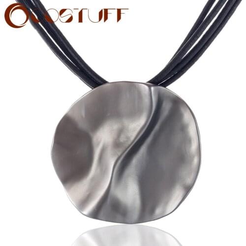 Trendy Women Jewelry Black Leather Chokers Necklace with Grey Pendant Necklaces & Pendants Collares Chunky Choker Suspension New