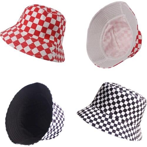 Bucket-Hats Harajuku Black White Check Sunscreen Men Women Panama Hat Cotton Anti-sun Street Hip Hop Fisherman Cat
