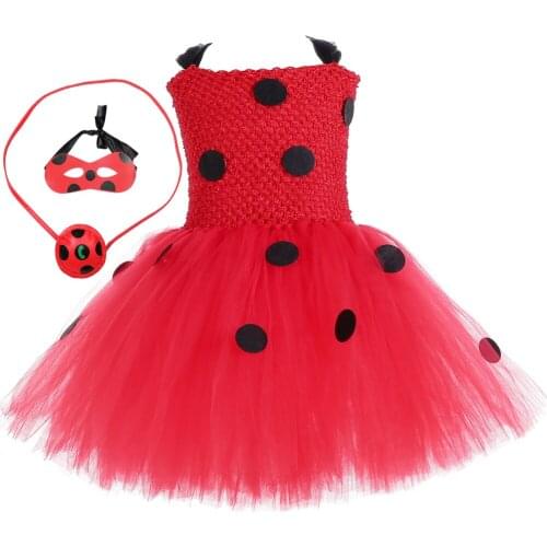 Lady Beetle Girls Tutu Dress with Mask Bag Polka Dots Fancy Girl Party Dress Halloween Super Hero Cosplay Costume for Kids 1-14Y