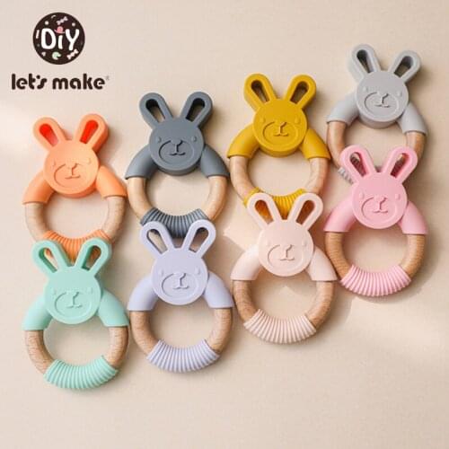 Lets Make 1pc Baby Teether Beech Wooden Rabbit Ring Lovely Animal Hand Teething Rattle Silicone Teether Food Grade Baby Product