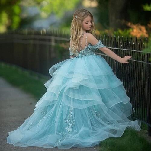 Puffy Flower Girl Dresses Off The Shoulder Princess Dress Tulle Puffy First Communion Dress Cute Kids Dress