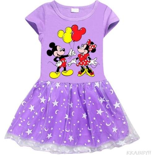 Disney Minnie Mouse Girls Kids Cotton Shirt Gauze Mesh Cartoon Print Princess Dress Children Birthday Party Clothes